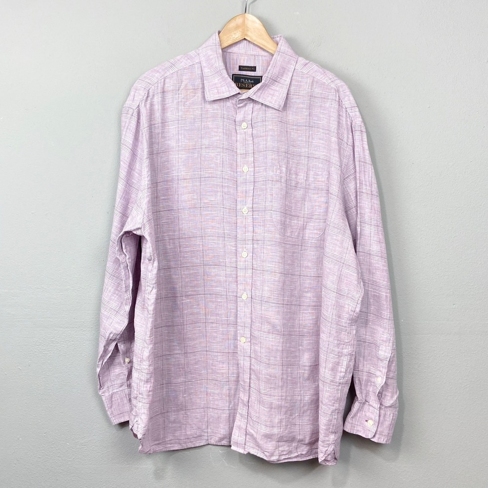 Jos A Bank Reserve Button Down Shirt Mens XL Purple Plaid 100% Linen Long Sleeve